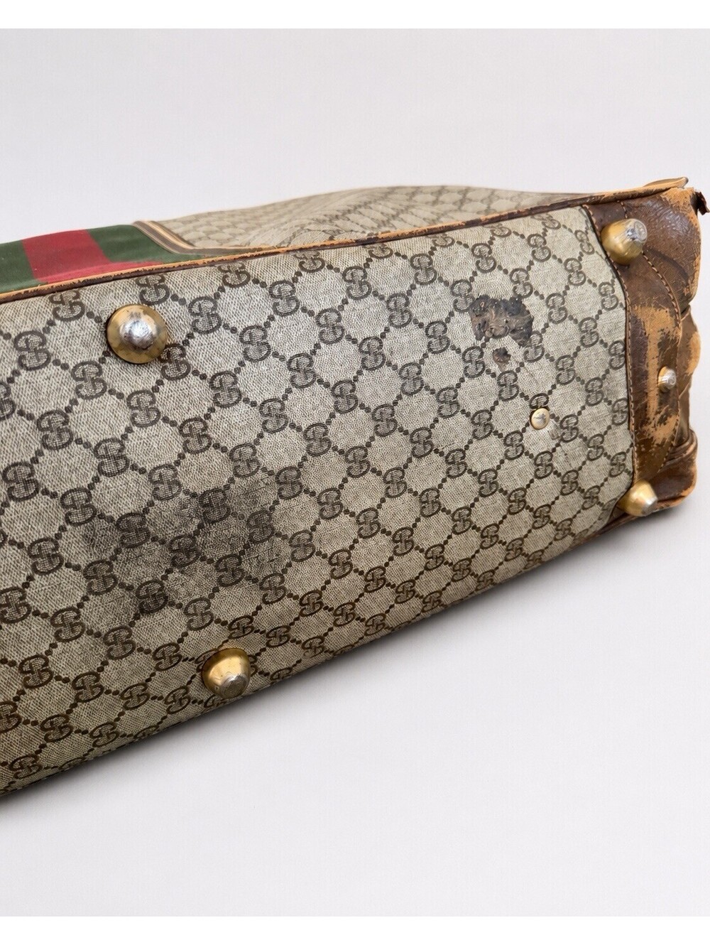 Vintage GUCCI GG Plus Monogram Leather Oversized Web Weekender Bag Suitcase Home - Picture 4 of 8